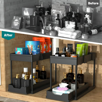 2-Tier Under Sink Organizer – Sliding Cabinet Basket with Hooks for Kitchen & Bathroom
