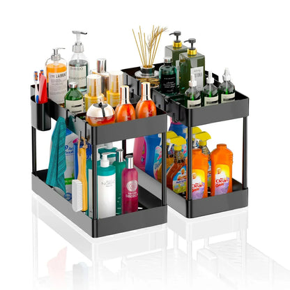 2-Tier Under Sink Organizer – Sliding Cabinet Basket with Hooks for Kitchen & Bathroom