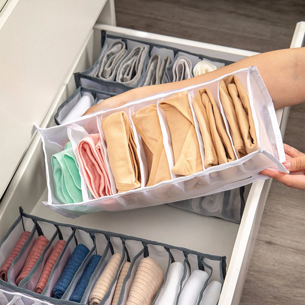 Wardrobe Drawer Divider Organizer – 6/7/11 Grid Polyester Storage Box for Underwear, Bras & Socks