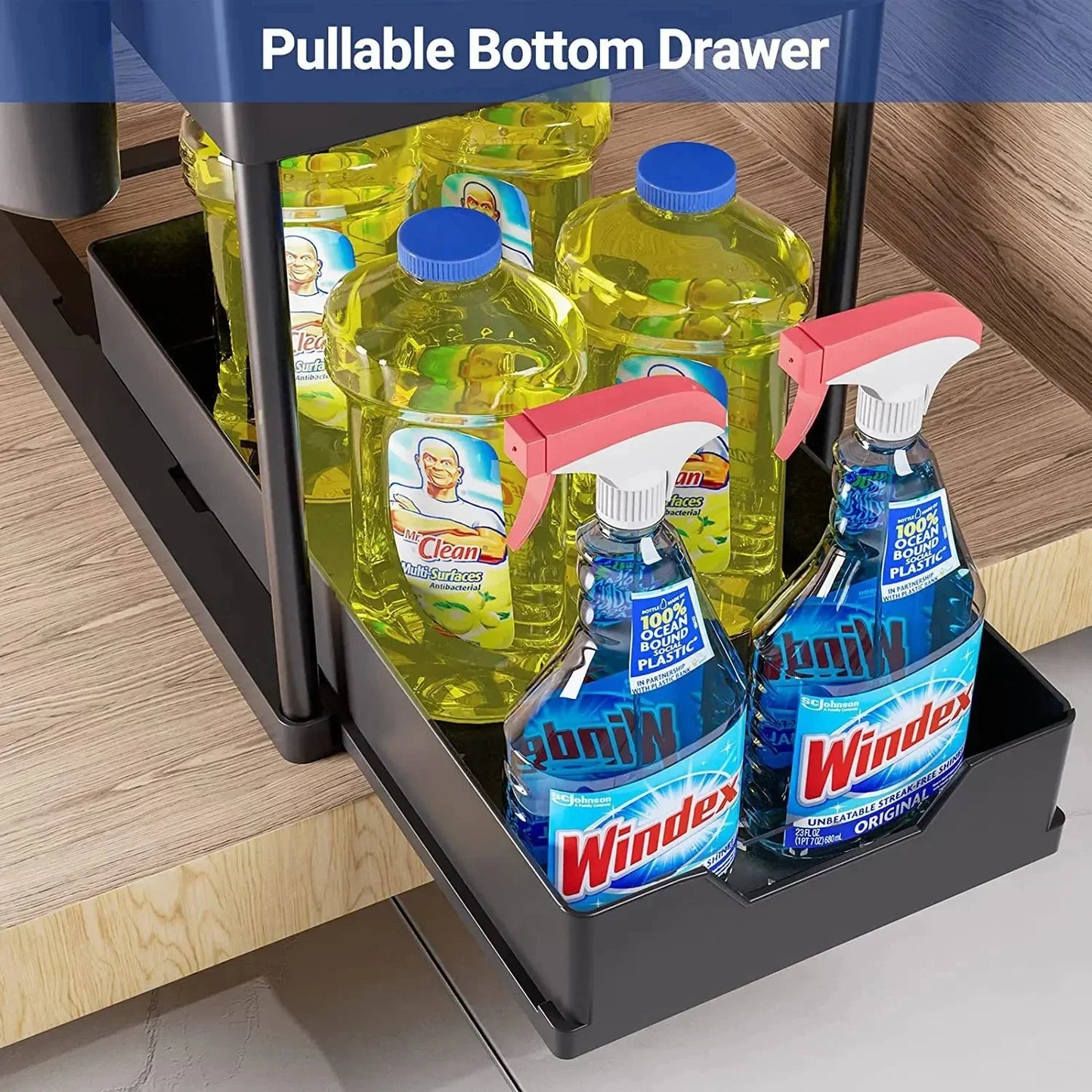 2-Tier Under Sink Organizer – Sliding Cabinet Basket with Hooks for Kitchen & Bathroom