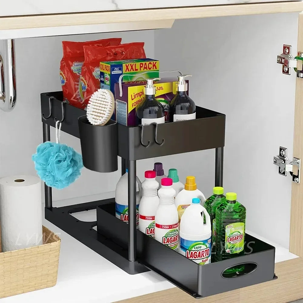 2-Tier Under Sink Organizer – Sliding Cabinet Basket with Hooks for Kitchen & Bathroom