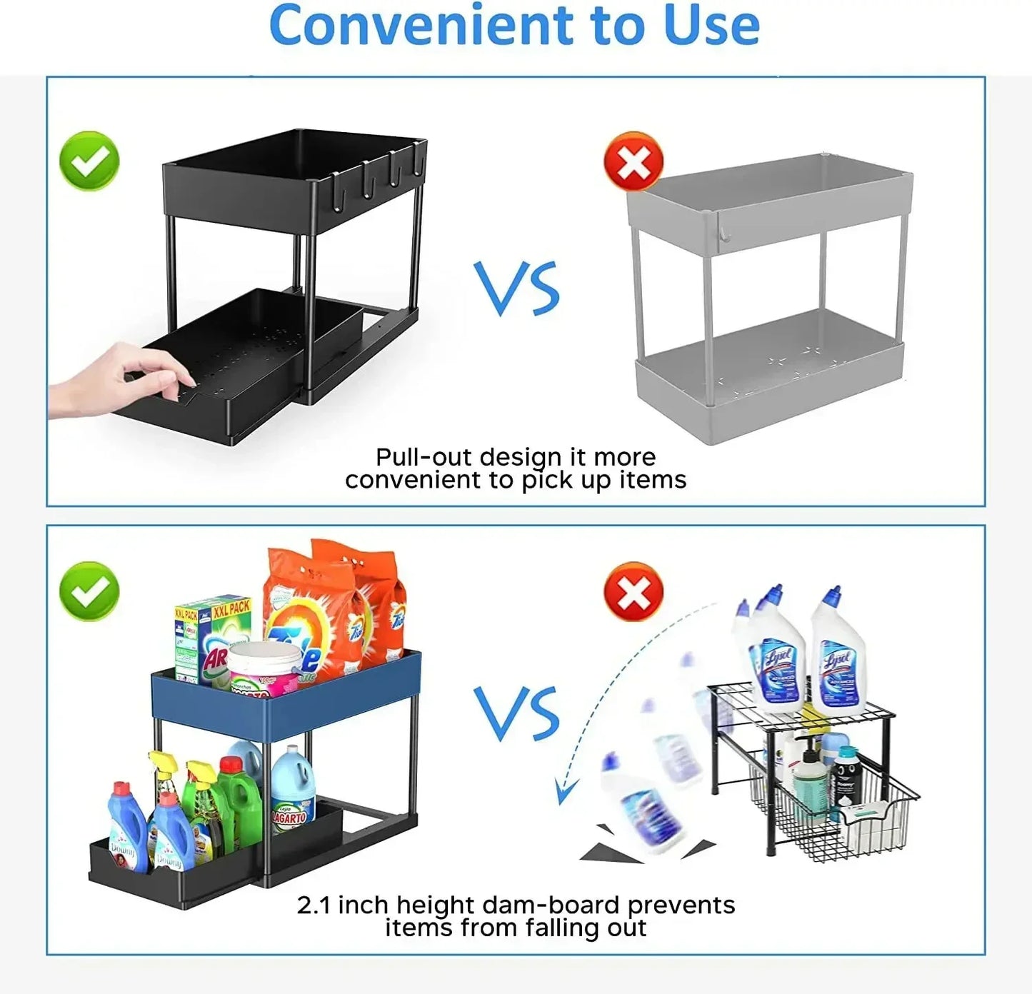 2-Tier Under Sink Organizer – Sliding Cabinet Basket with Hooks for Kitchen & Bathroom
