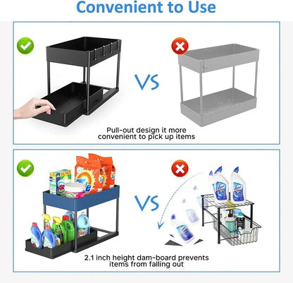 2-Tier Under Sink Organizer – Sliding Cabinet Basket with Hooks for Kitchen & Bathroom