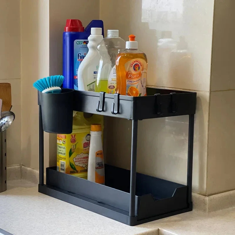 2-Tier Under Sink Organizer – Sliding Cabinet Basket with Hooks for Kitchen & Bathroom