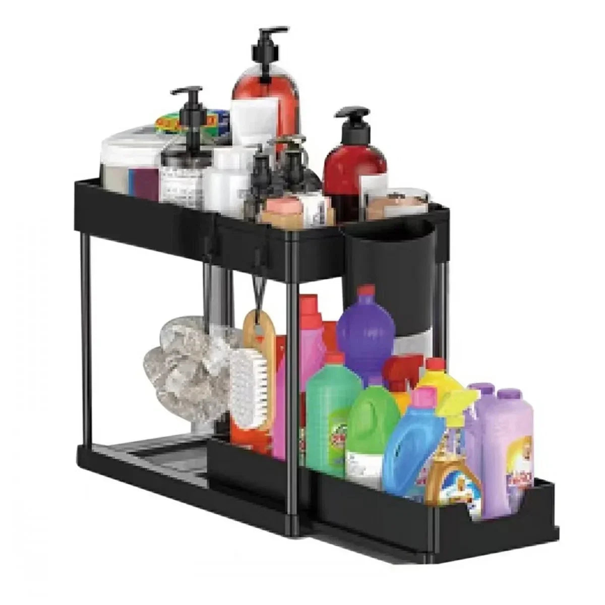 2-Tier Under Sink Organizer – Sliding Cabinet Basket with Hooks for Kitchen & Bathroom