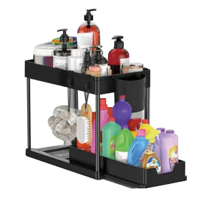 2-Tier Under Sink Organizer – Sliding Cabinet Basket with Hooks for Kitchen & Bathroom