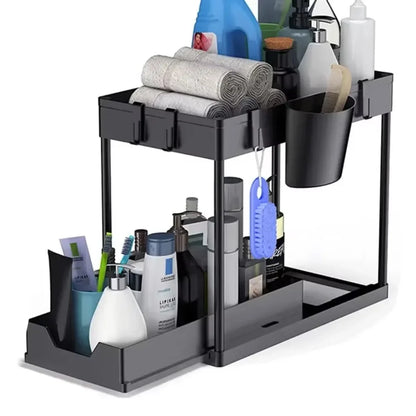 2-Tier Under Sink Organizer – Sliding Cabinet Basket with Hooks for Kitchen & Bathroom