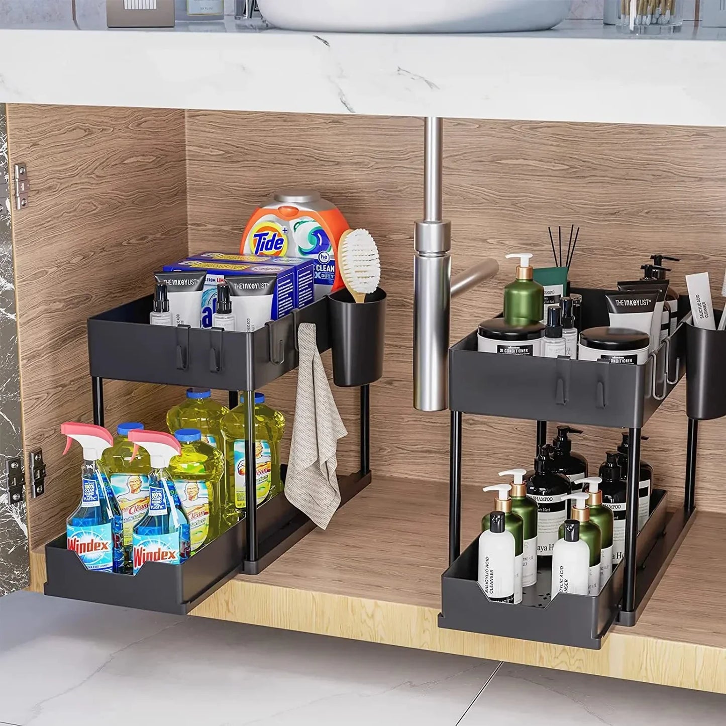2-Tier Under Sink Organizer – Sliding Cabinet Basket with Hooks for Kitchen & Bathroom