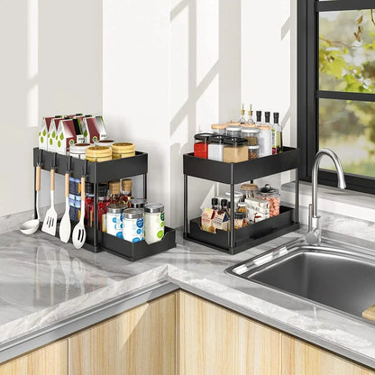 2-Tier Under Sink Organizer – Sliding Cabinet Basket with Hooks for Kitchen & Bathroom