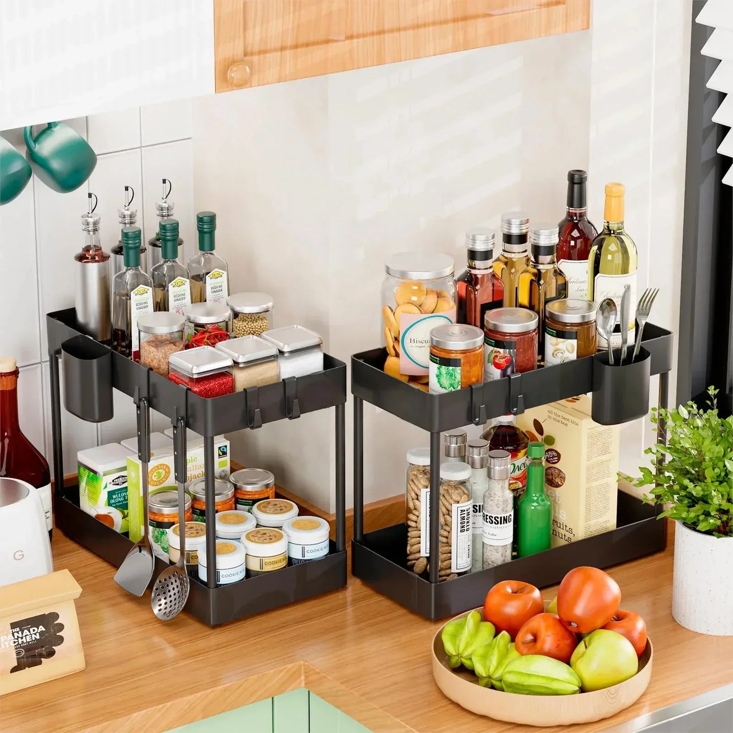 2-Tier Under Sink Organizer – Sliding Cabinet Basket with Hooks for Kitchen & Bathroom