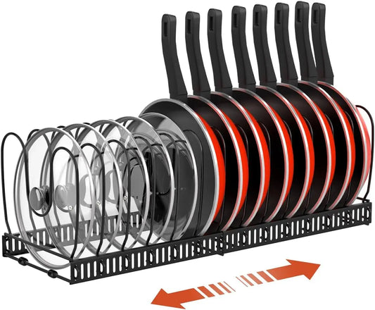 Pot & Pan Organizer Rack for Cabinet – Expandable Lid Holder with 10 Adjustable Dividers