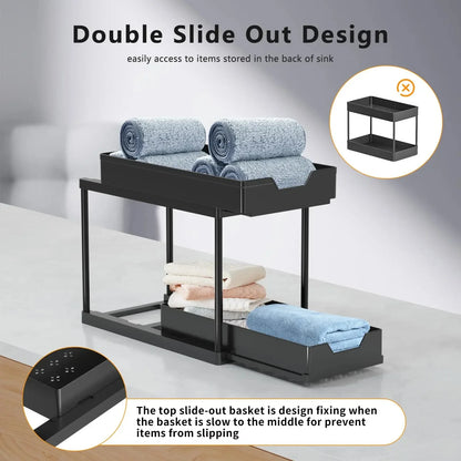 2-Tier Under Sink Organizer – Sliding Cabinet Basket with Hooks for Kitchen & Bathroom