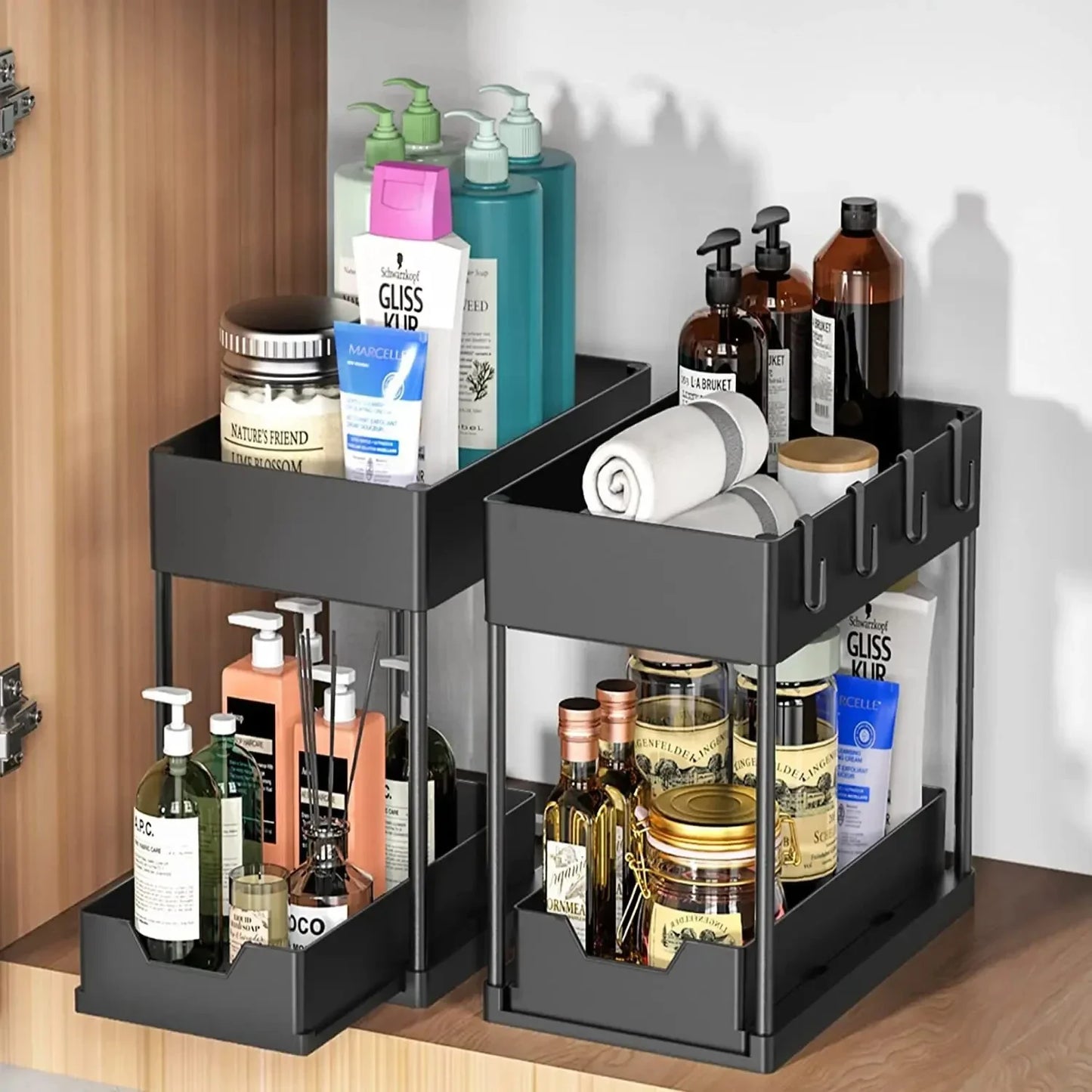 2-Tier Under Sink Organizer – Sliding Cabinet Basket with Hooks for Kitchen & Bathroom