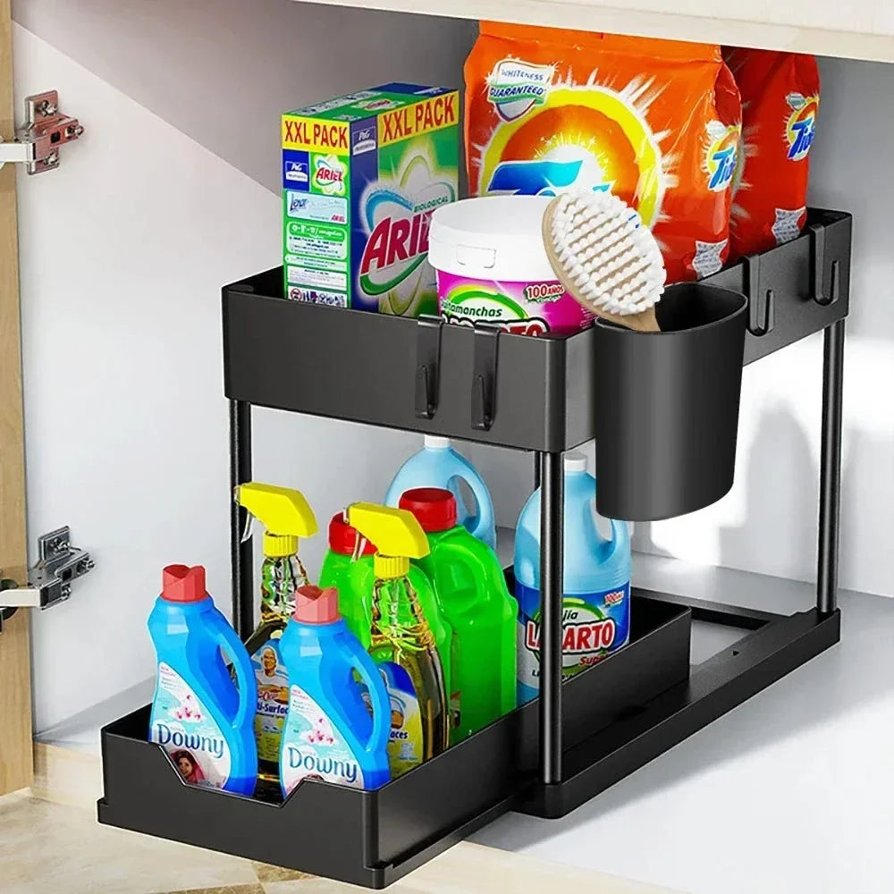 2-Tier Under Sink Organizer – Sliding Cabinet Basket with Hooks for Kitchen & Bathroom