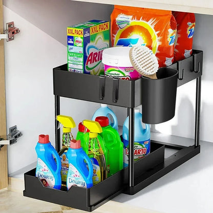 2-Tier Under Sink Organizer – Sliding Cabinet Basket with Hooks for Kitchen & Bathroom