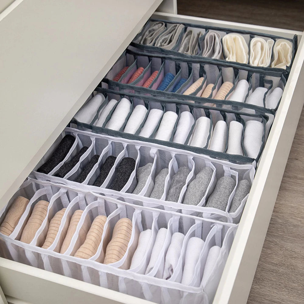 Wardrobe Drawer Divider Organizer – 6/7/11 Grid Polyester Storage Box for Underwear, Bras & Socks
