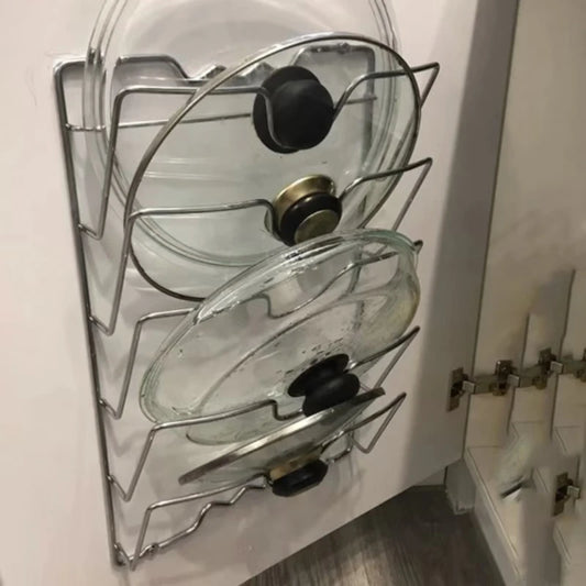 Wall-Mounted Pot Lid Organizer Rack – 5-Layer Iron Kitchen Storage for Lids & Utensils