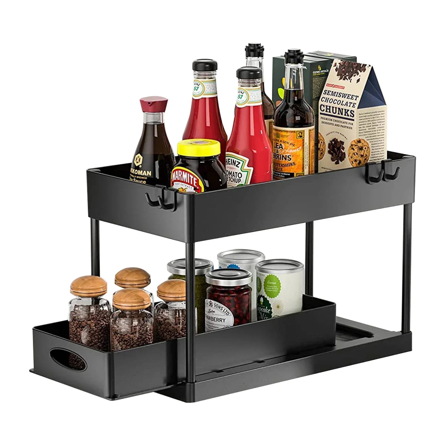 2-Tier Under Sink Organizer – Sliding Cabinet Basket with Hooks for Kitchen & Bathroom