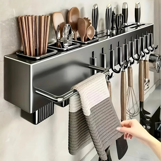 Wall-Mounted Kitchen Organizer – No-Drill Carbon Steel Knife & Utensil Rack, Space Saving